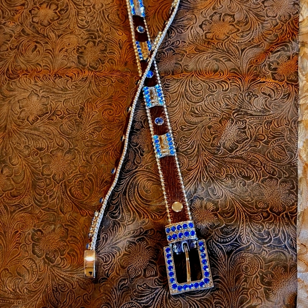 B.B. Simon cowhide belt with blue stones